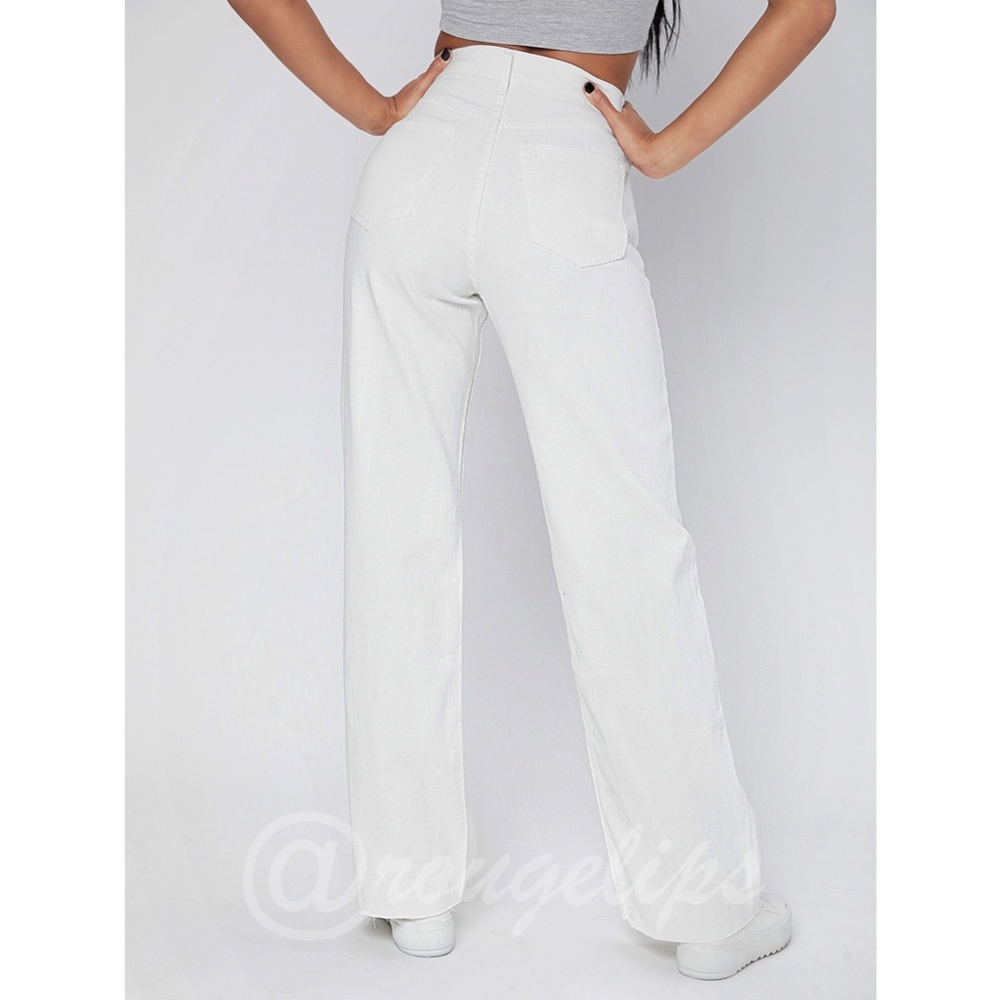 90s Style White Wide Leg Jeans High Waist Raw Hem - Picture 5 of 15